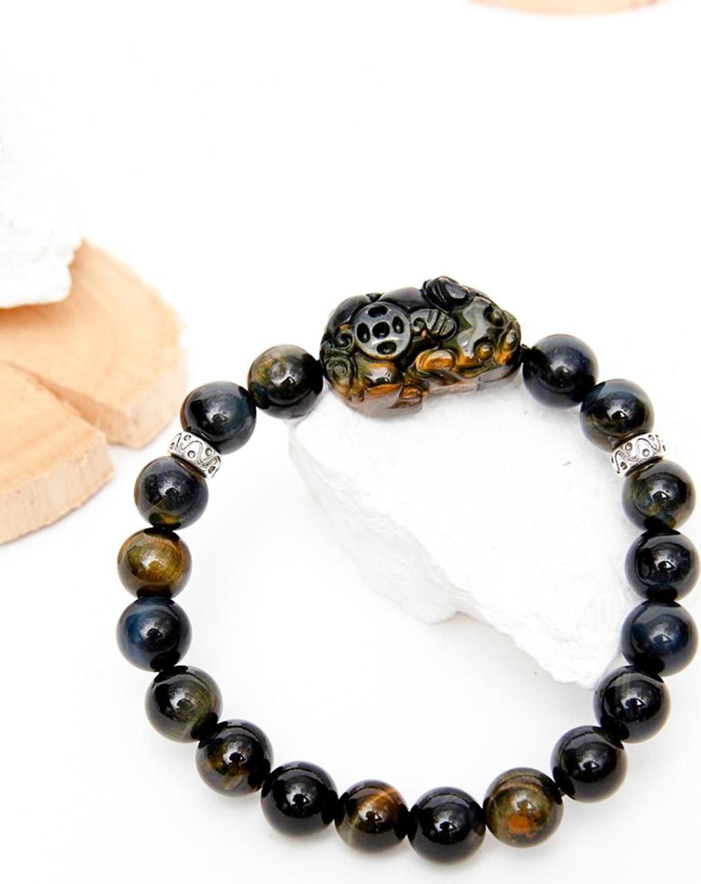 Vòng tay đá thạch anh mắt hổ xanh đen phối tỳ hưu đá 8mm mệnh thủy, mộc - Ngọc Qúy Gemstones
