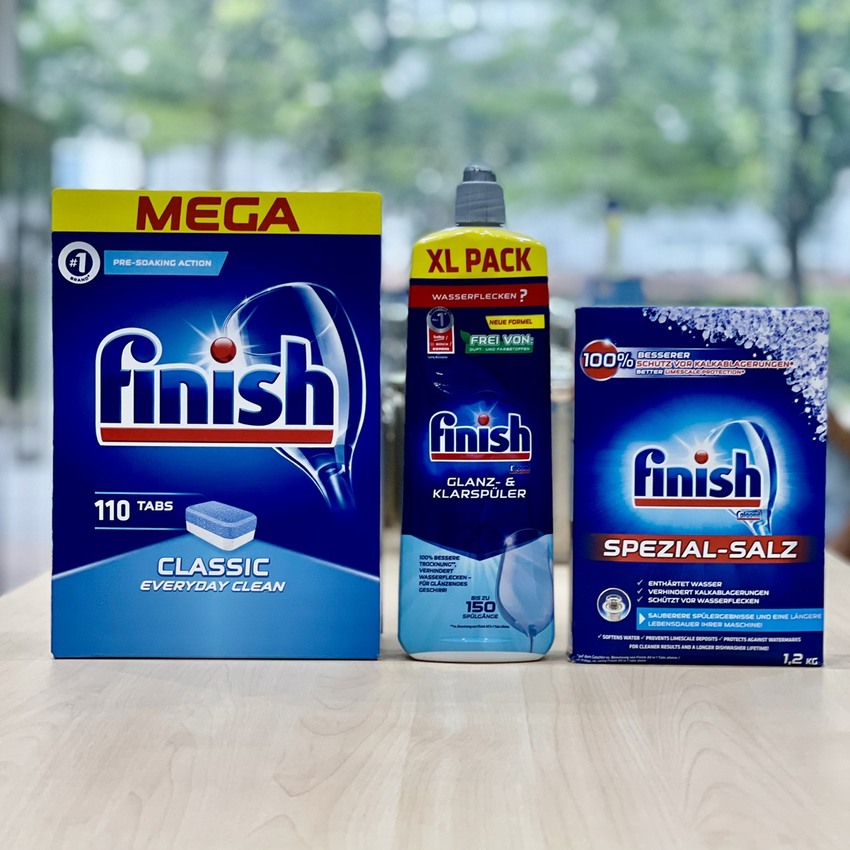 COMBO FINISH: Viên rửa bát Finish Classic 110 viên + Muối 1,2kg + Nước làm bóng 750ml