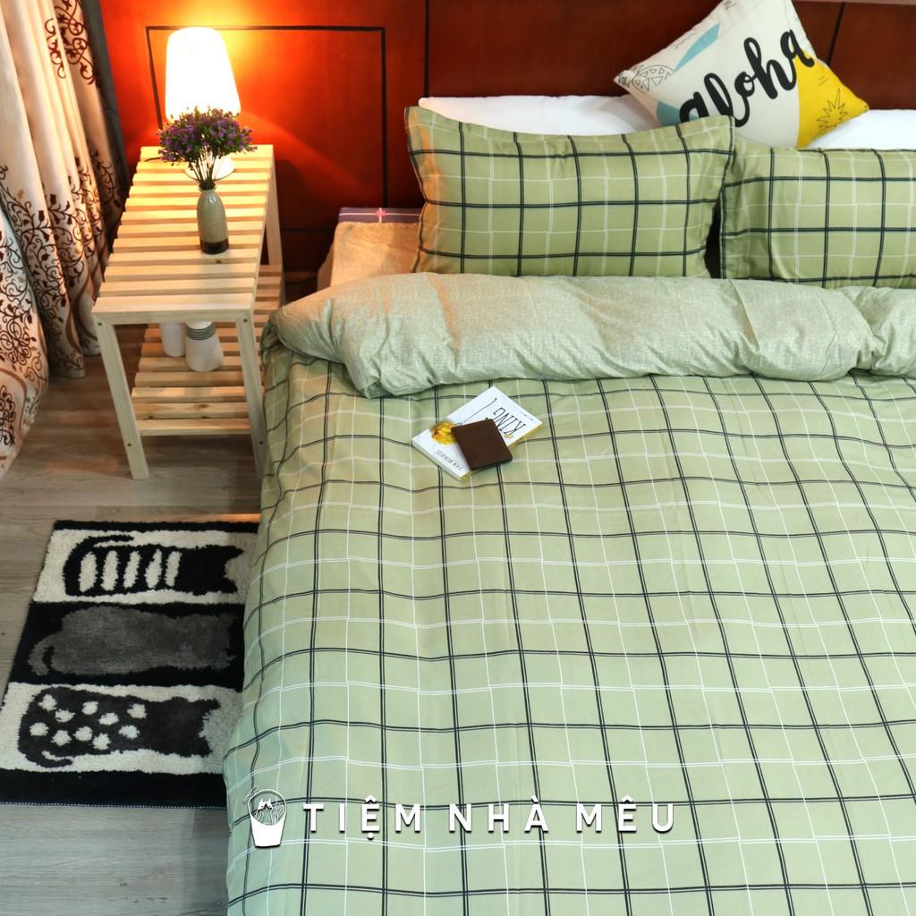 Bộ Chăn Ga Gối Cotton 3D m6/m8/2m - Full size Tiệm Nhà Mêu 2 Vỏ gối ,drap , vỏ chăn Cotton Caro Xanh Cốm