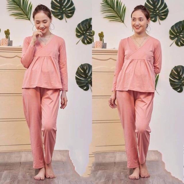 ĐỒ BỘ SAU SINH COTTON VẠT CHÉO CHO CON TI QUẦN CÓ CHUN CHỈNH