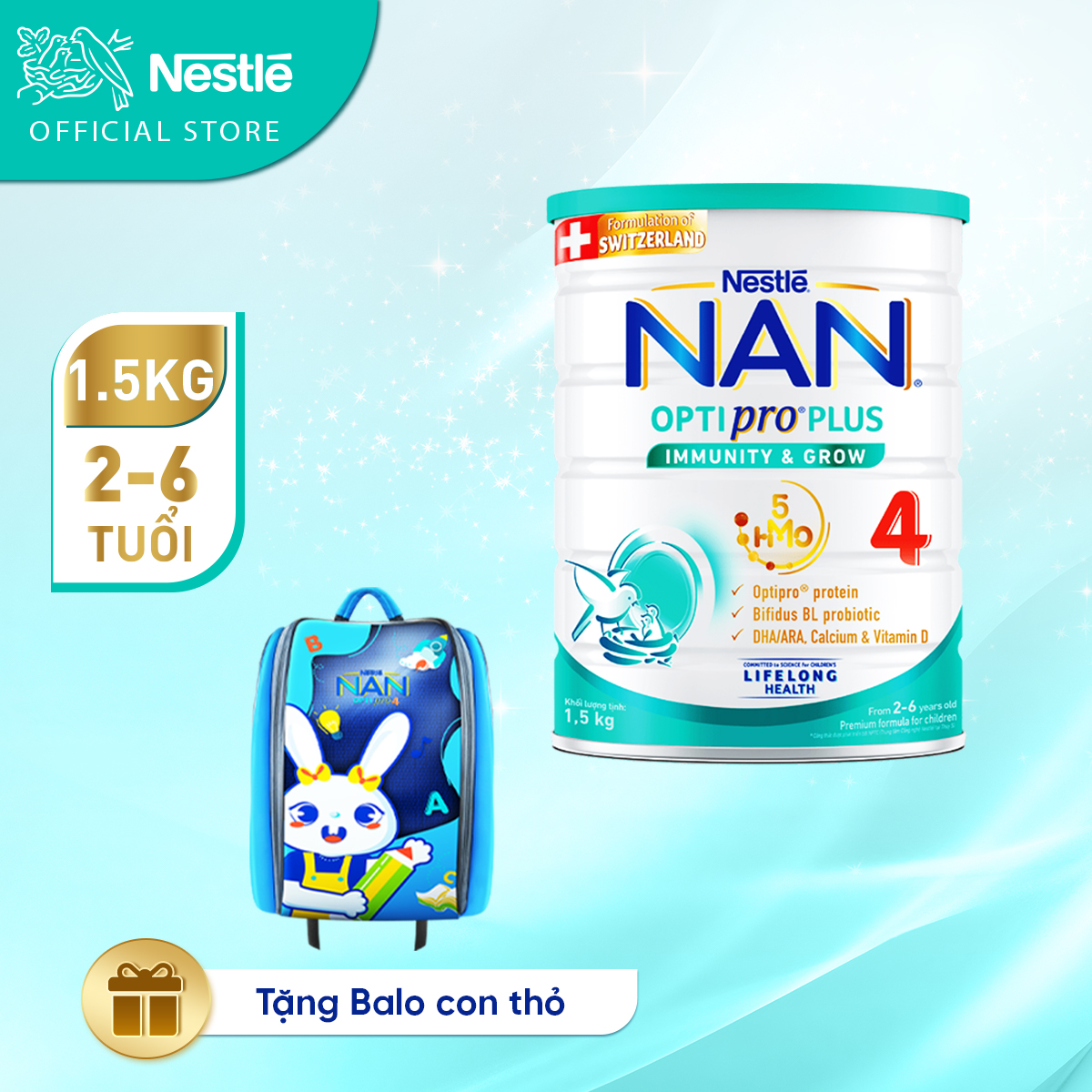 Sữa bột Nestlé NAN OPTIPRO PLUS 4 1500g/lon với 5HMO Giúp tiêu hóa tốt - Tăng cường đề khán  (2 - 6 tuổi) + Tặng Balo con thỏ