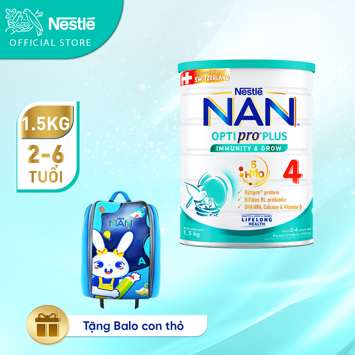 Sữa bột Nestlé NAN OPTIPRO PLUS 4 1500g/lon với 5HMO Giúp tiêu hóa tốt - Tăng cường đề khán + Tặng Balo con thỏ