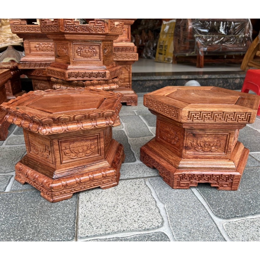Đôn lục lăng triện hoa sen gỗ Hương đá dùng kê tượng mặt 30 cm cao 20 cm