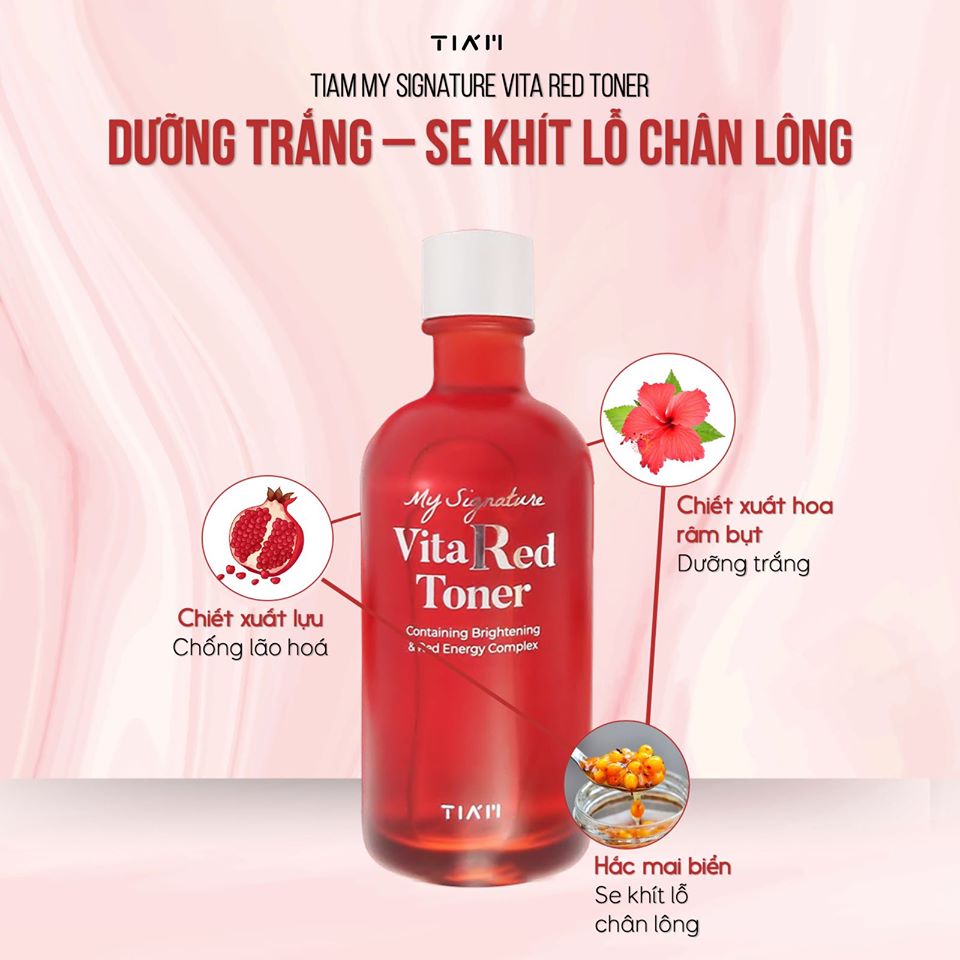 Nước Hoa Hồng Dưỡng Trắng, Se Khít Lỗ Chân Lông Tiam My Signature Vita Red Toner 130ml + Mặt nạ 3D Foodaholic