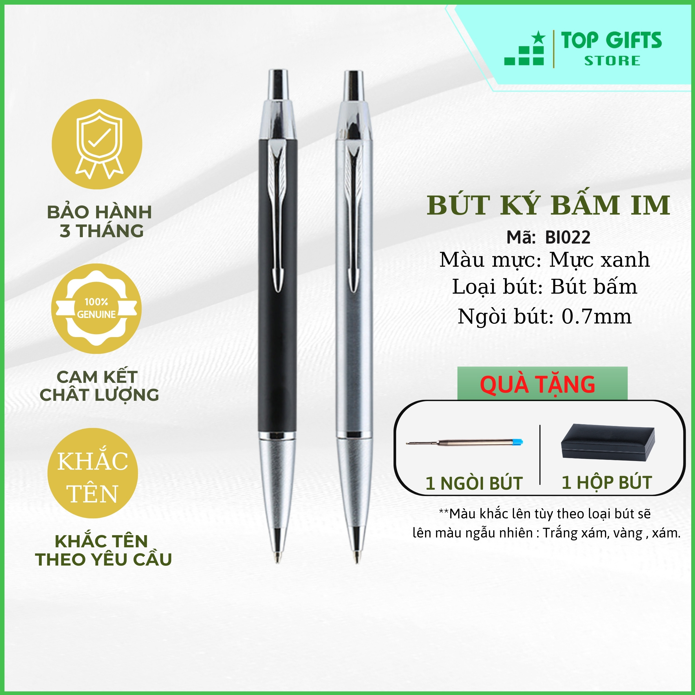 Bút ký cao cấp BI022 khắc tên - Dạng bi bấm ngòi 0.7mm mực xanh + Hộp bút