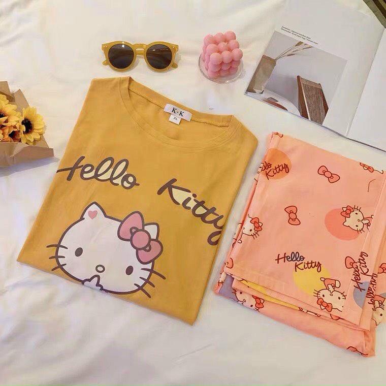 Set bộ đồ dành cho nữ, in hình kitty dễ thương, áo cộc tay quần dài chất thun cotton mềm mại mát mẻ