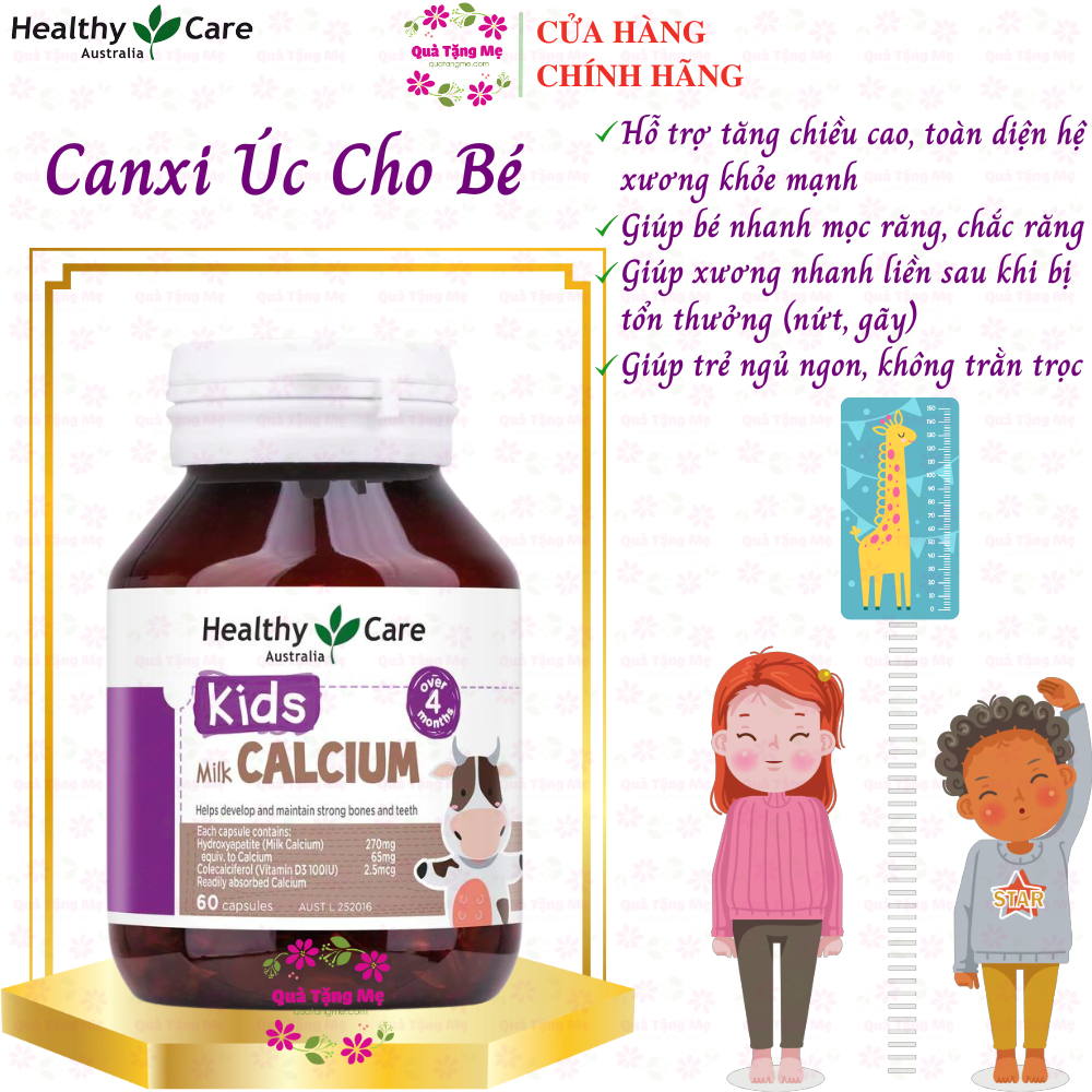 Canxi cho bé Healthy Care Kids Milk Calcium Úc, Hỗ trợ tăng trưởng chiều cao, hệ thống xương, răng, bé ngủ ngon không trằn trọc ban đêm - QuaTangMe Extaste