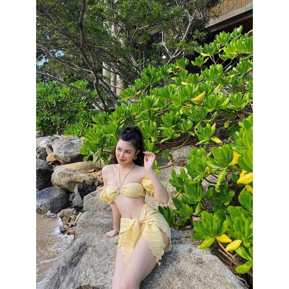SET 3 MÓN BIKINI, ĐỒ BƠI HAI MẢNH TAY BỒNG TRỄ VAI PHỐI KHOEN ÁO KÈM KHĂN QUẤN SEXY - ODERI BM-110