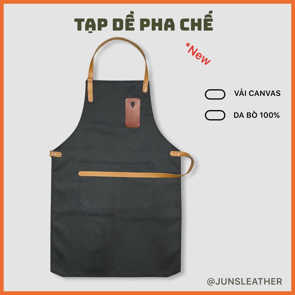 Tạp dề pha chế vải canvas dây da của Junsleather phối da bò cao cấp dành cho Barista/Bartender quán cà phê