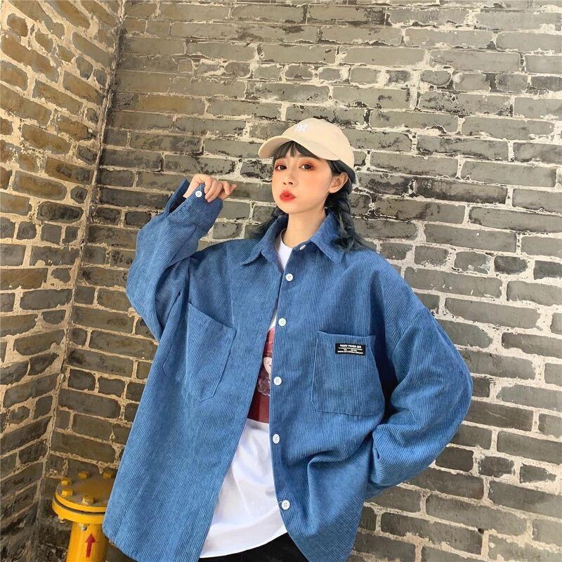 Áo sơ mi nhung cổ bẻ fom thụng