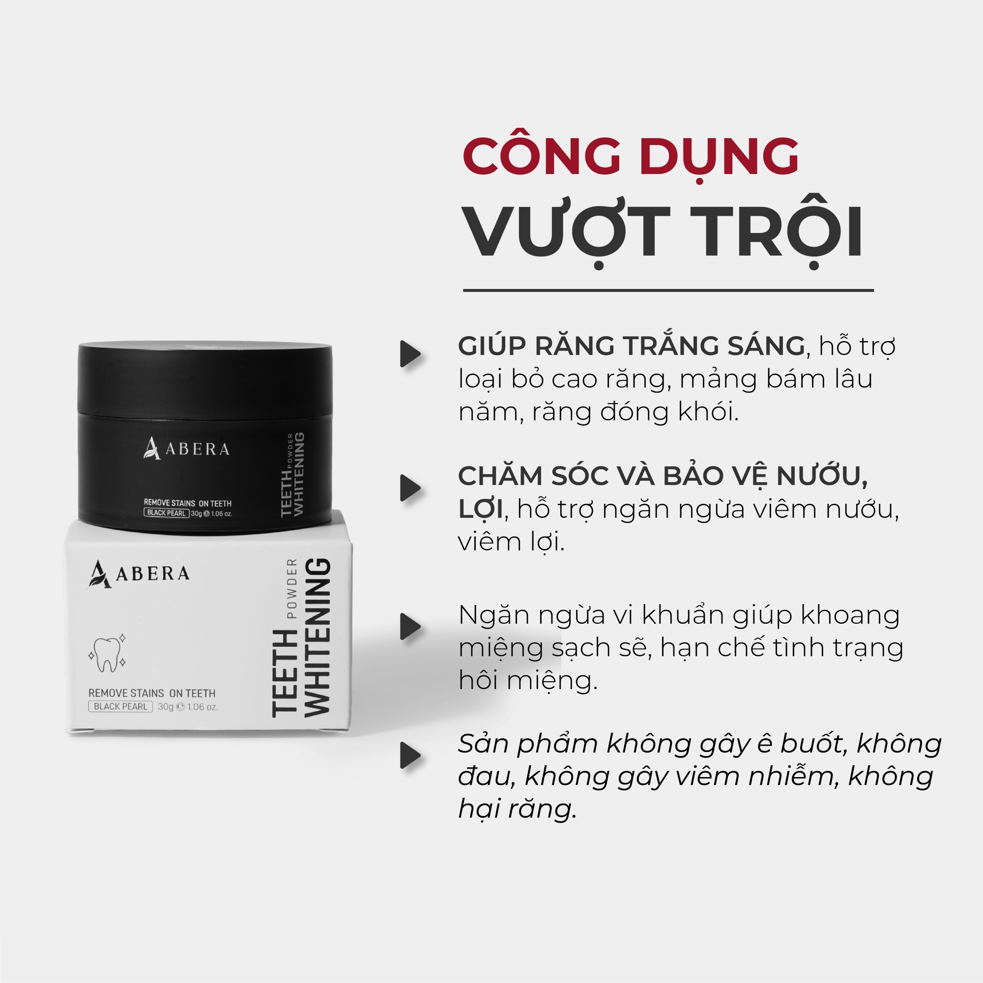 Bột Trắng Răng Abera 30g - Làm Trắng Răng, Loại Bỏ Ố Vàng, Mảng Bám, Cao Răng Lâu Năm
