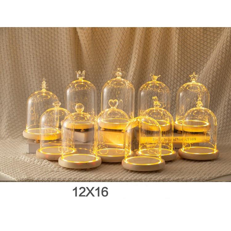 Chụp thủy tinh đế gỗ chống bụi, trang trí trái tim, chim, thỏ, noel - đậy nến thơm Candle Cup, BBW