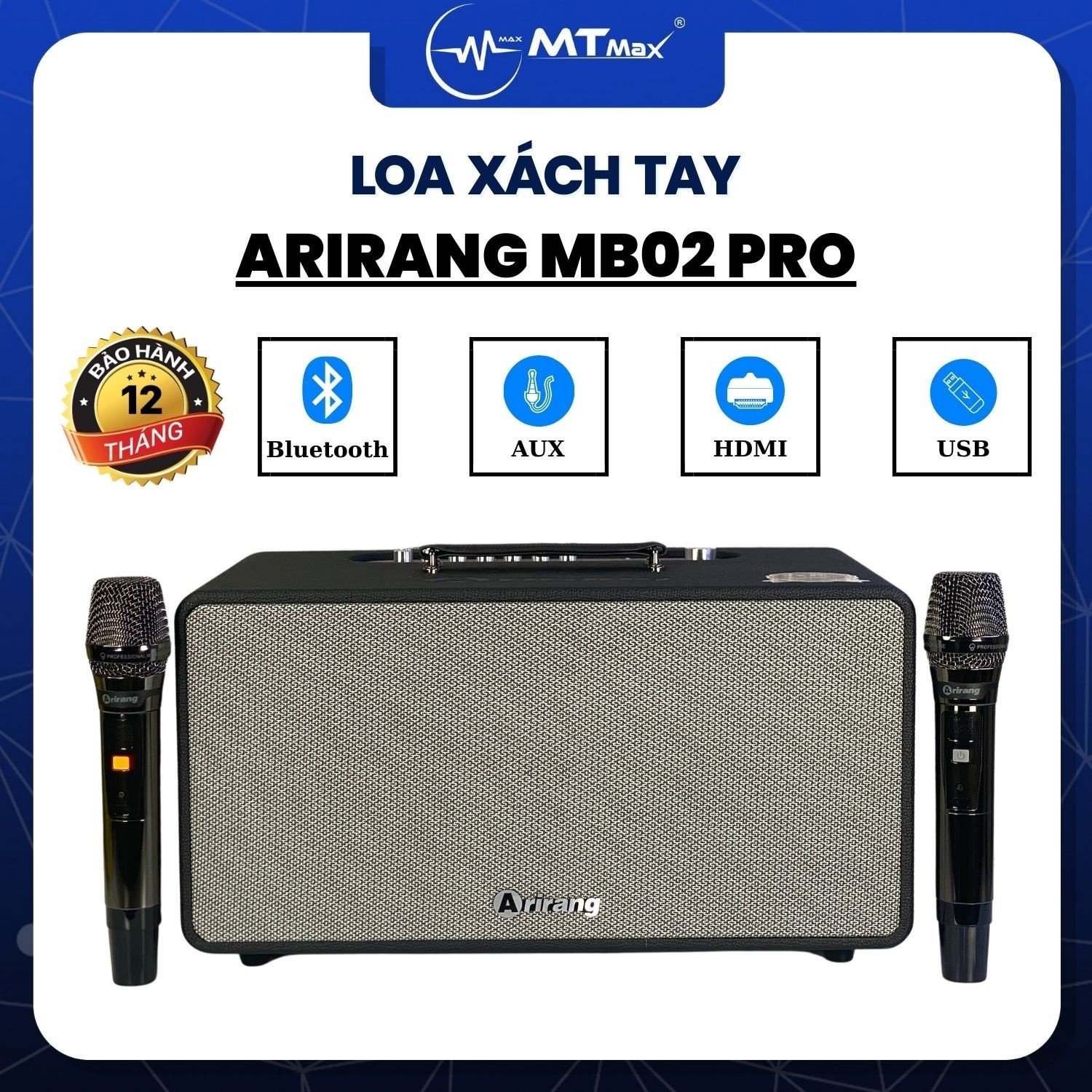 Loa Xách Tay Arirang MB2 PRO Cao Cấp Kèm 2 Micro Không Dây, Bass 16.5cm, Pin 6800mAh Hoạt Động Lên Đến 5 Giờ