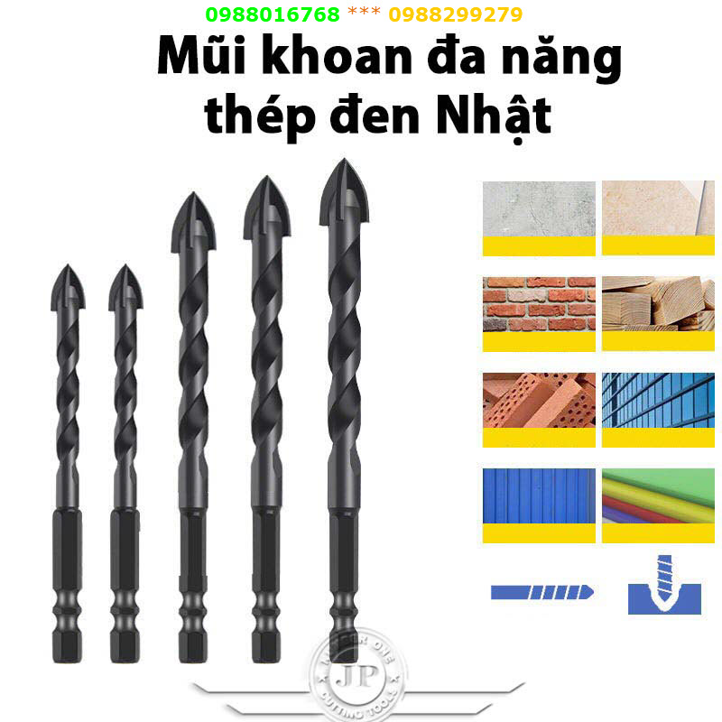 Bộ 4 mũi khoan đa năng chân lục giác 4 cạnh thép đen Nhật Kaito JAPAN, khoan sắt, khoan kính thủy tinh, gạch men đá gốm