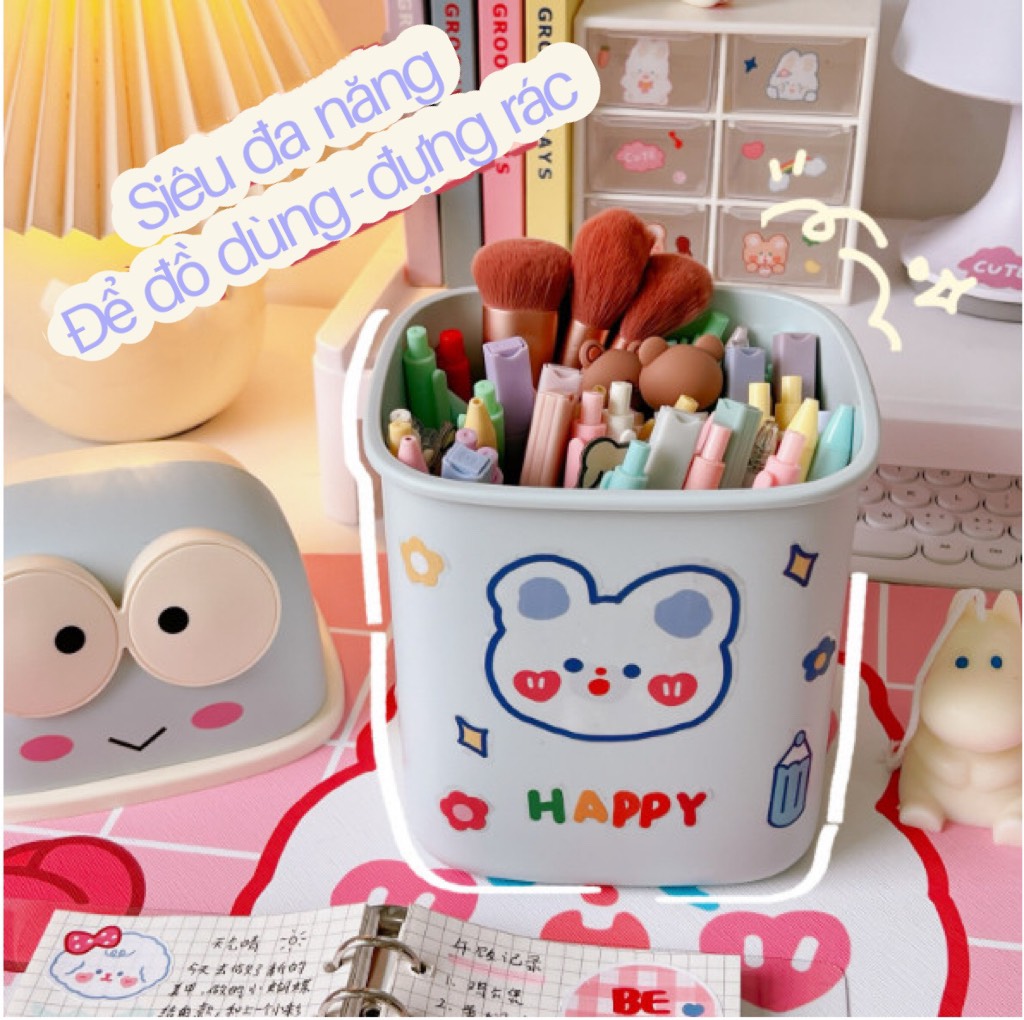 Thùng rác Ếch cute có nắp để bàn cỡ lớn TẶNG STICKER, giỏ nhựa đựng bút đồ dùng học sinh đa năng giá rẻ