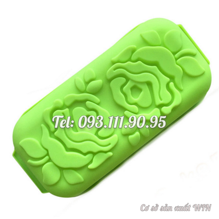 Khuôn silicon làm đế bánh, rau câu, bánh mì hình chữ nhật hoa hồng đôi kèm lá - Loại 29 cm - Mã số 1109