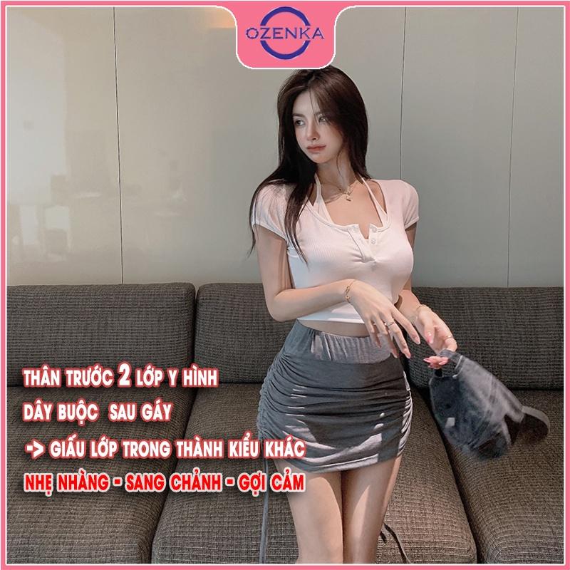 Áo croptop nữ kiểu hàn quốc cổ yếm 2 lớp, áo phông crt ôm body cài khuy cotton 100% màu đen trắng dưới 55 kg