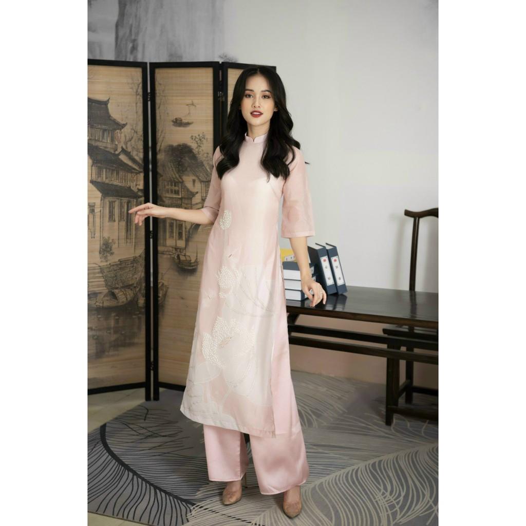 Set áo dài tơ óng kết hạt nổi