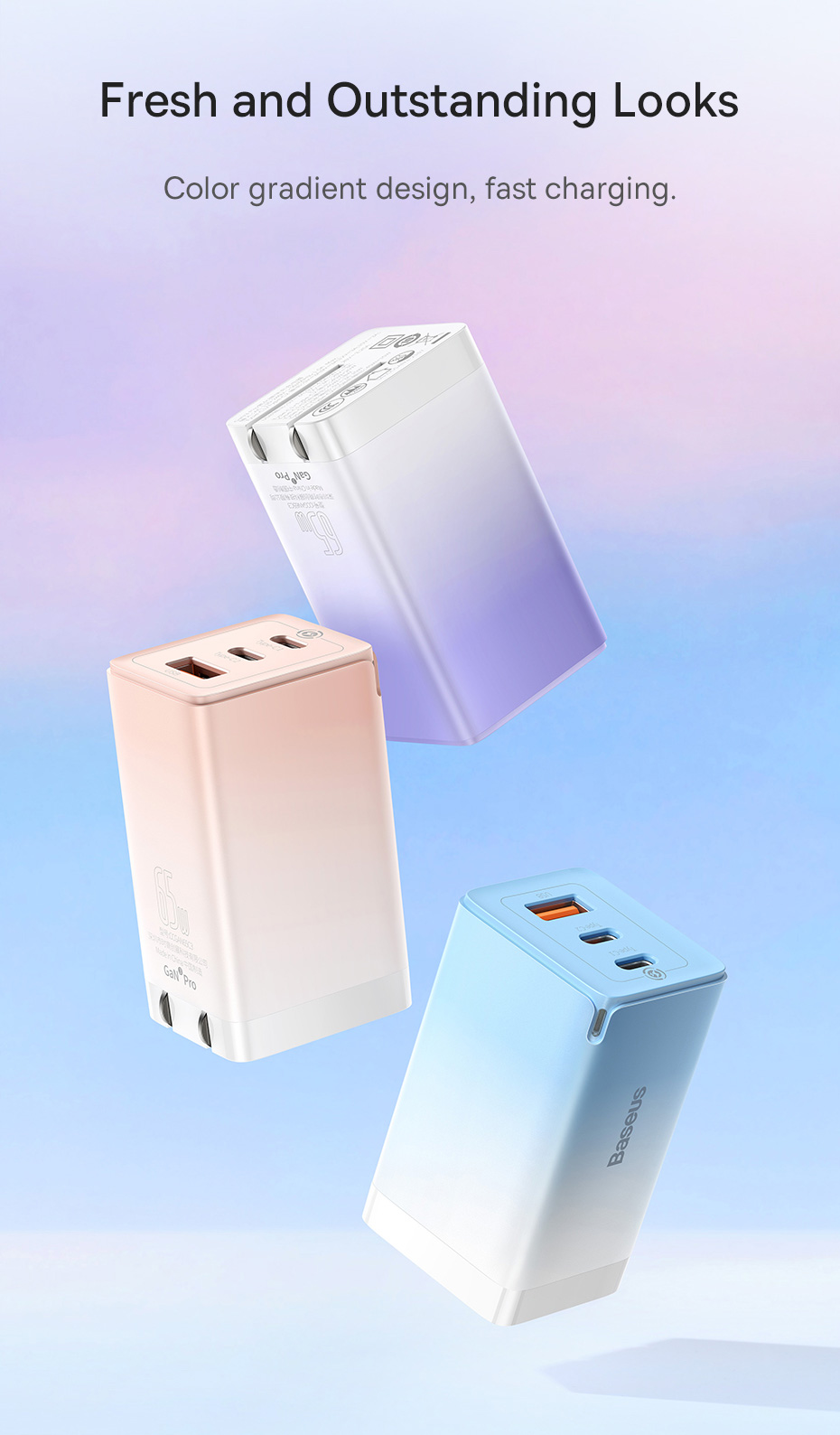 Bộ sạc nhanh đa năng Baseus GaN3 Pro 65W- Phiên bản Gradient- hàng chính hãng