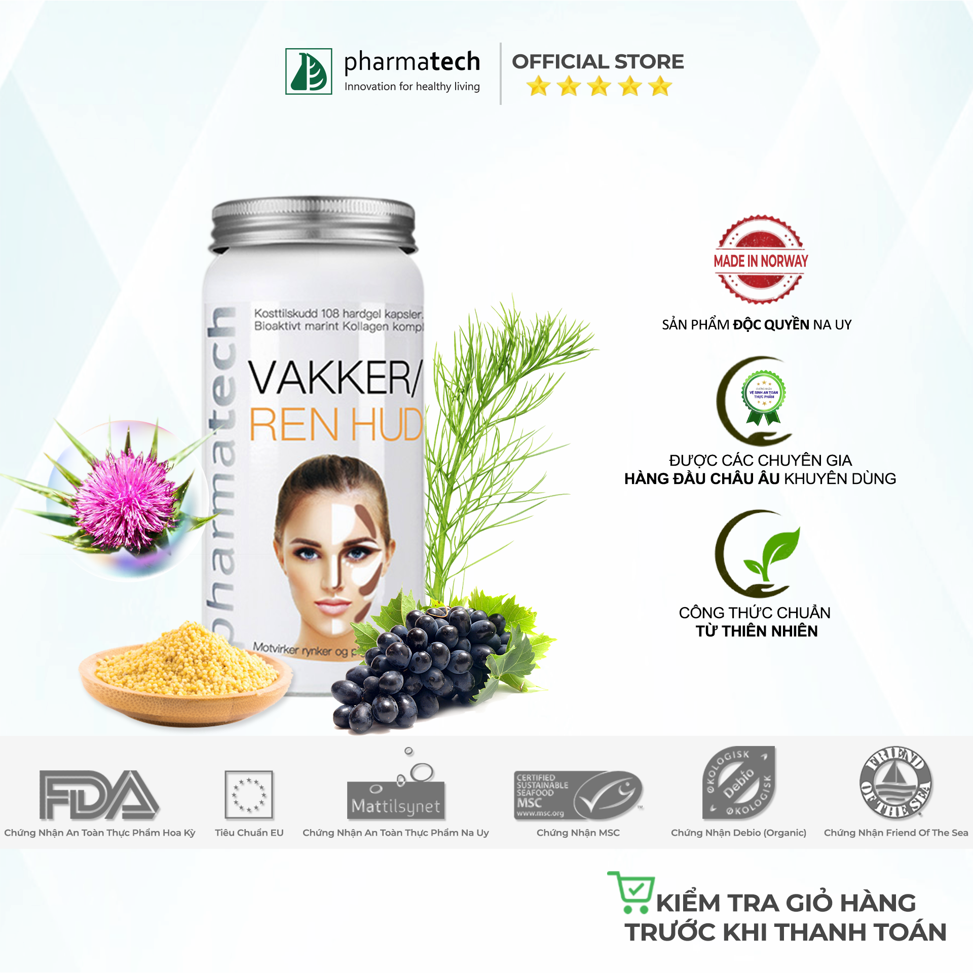 Viên nang hỗ trợ cải thiện nám và lão hóa da Pharmatech Cho Người lớn Vakker/Ren Hud Lọ 108 Viên