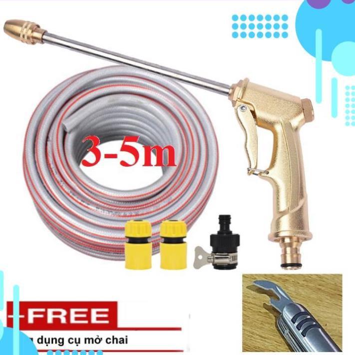Bộ dây vòi xịt nước rửa xe,tưới cây . tăng áp 3 lần,loại 3m,5m 206701-3 đầu đồng,cút,nối nhựa đen+ tặng mở chai