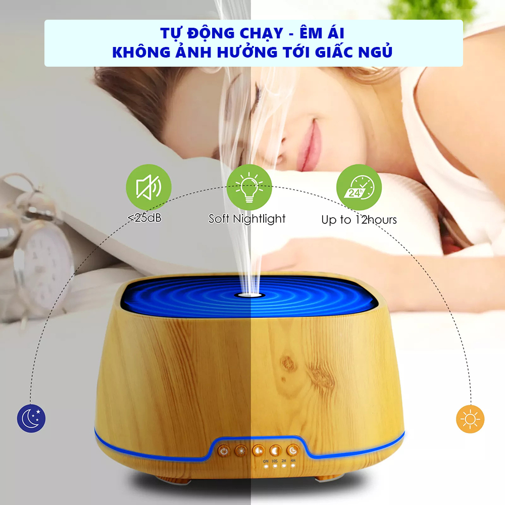 Máy xông tinh dầu trụ vuông vân gỗ 400ml led nhiều màu tự động tắt khi hết nước