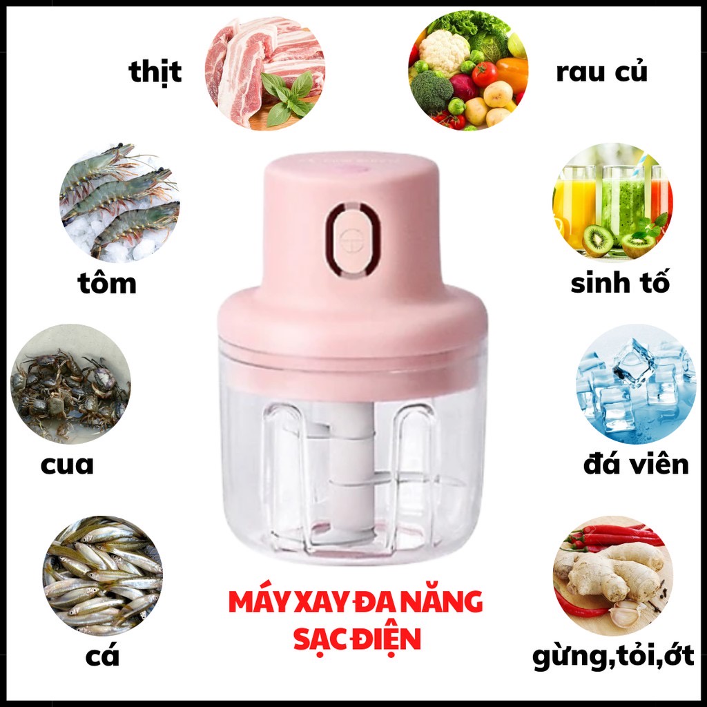 Máy xay tỏi ớt cầm tay màu hồng, máy xay mini đa năng sạc pin tiện lợi