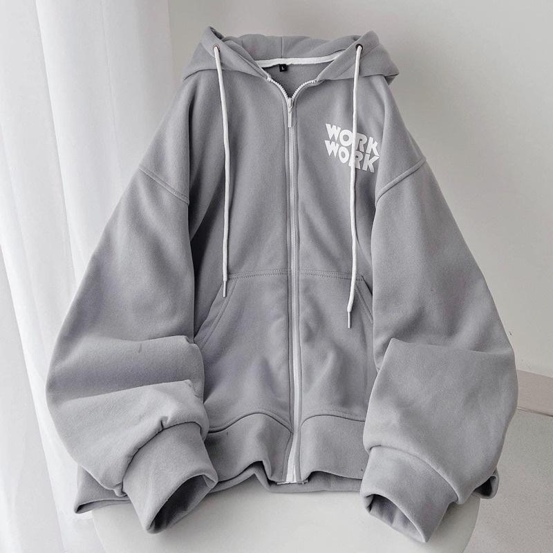 Áo Khoác Hoodie Unisex Zip Nỉ Bông WORK màu ĐEN/XÁM TRẮNG  Nam nữ unisex/Áo hoodie dây kéo nữ form rộng Jaystoree