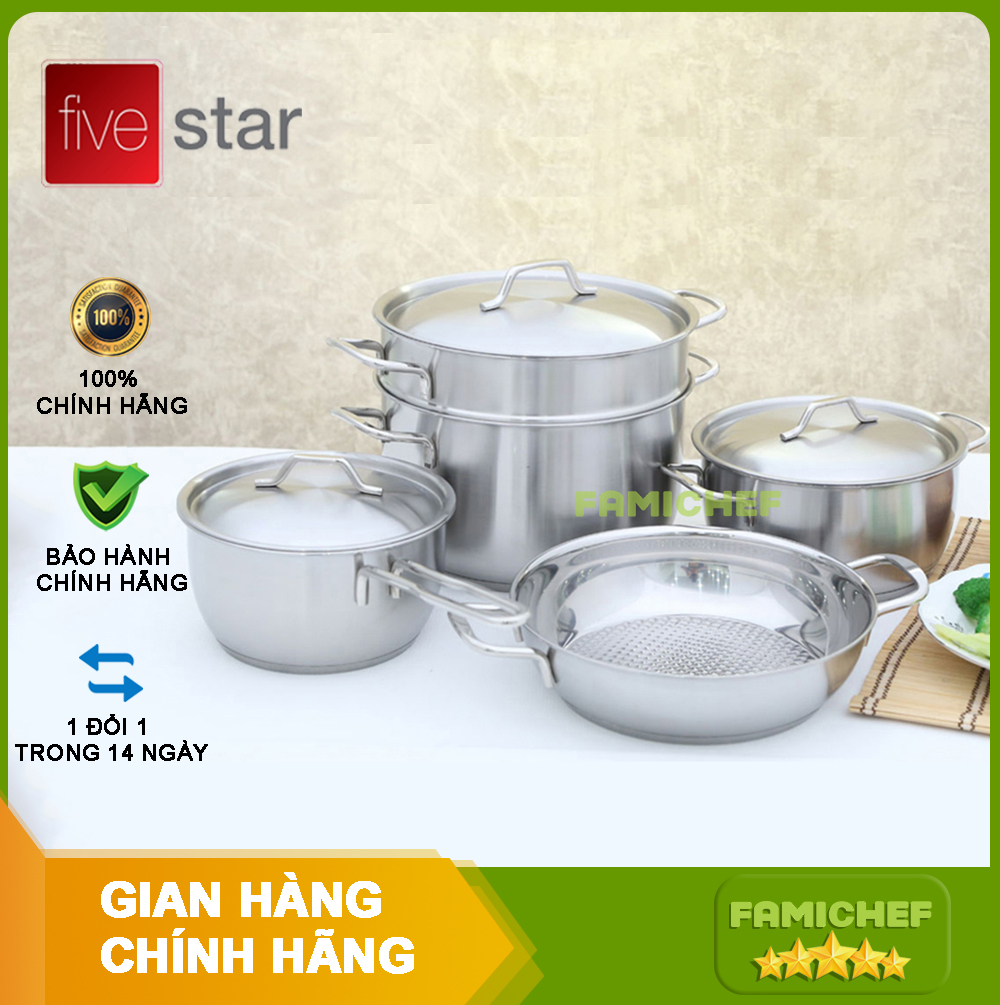 Bộ nồi chảo xửng inox 3 đáy nắp inox FiveStar FS430B5