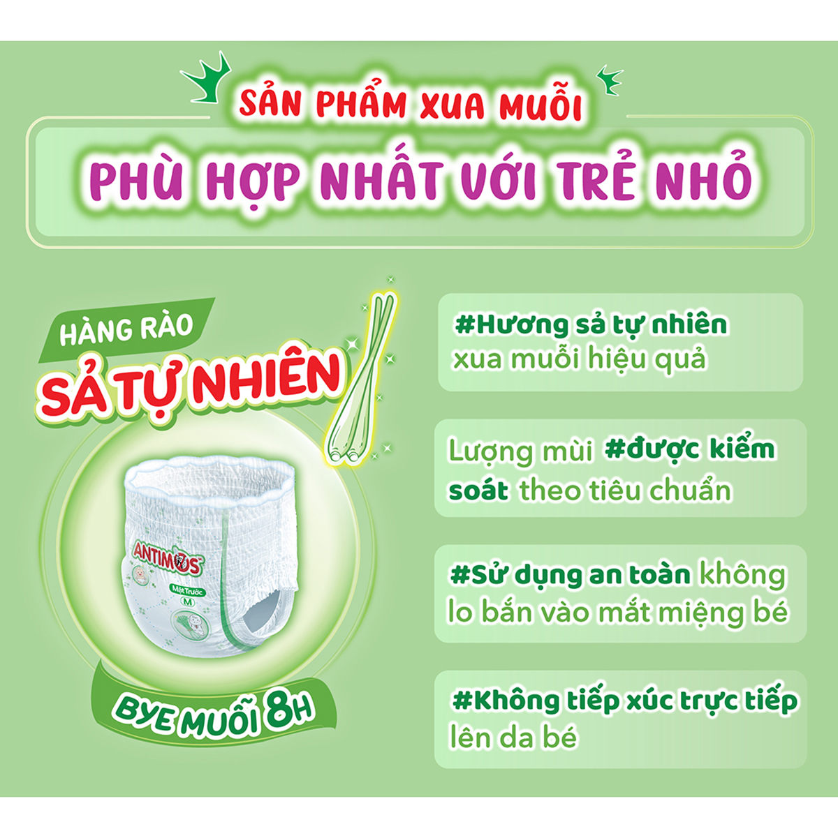 [TẶNG KÈM 4 MIẾNG] Tã Quần Xua Muỗi Bobby Antimos – Hàng rào Sả tự nhiên Bye Muỗi 8H - Size XL 48 miếng