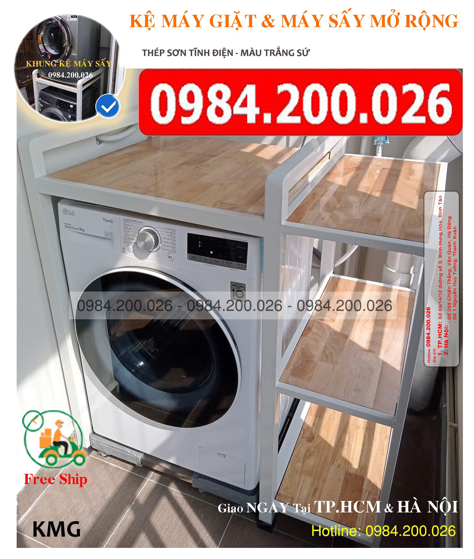 Kệ máy giặt máy sấy mở rộng sơn tĩnh điện - Thép hộp 40x40 hàn liền khối, sơn tĩnh điện, mặt gỗ tự nhiên chịu tải >300kg