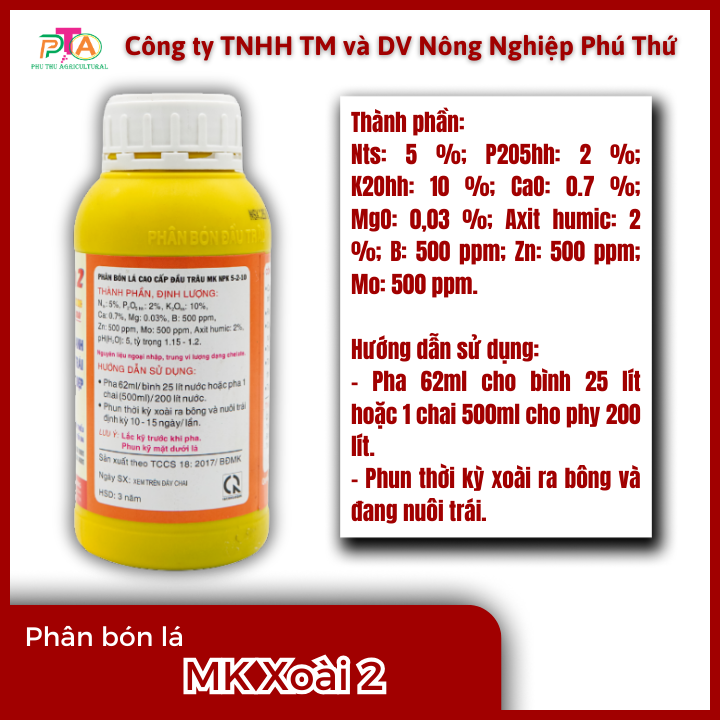 Phân Bón Lá Đầu Trâu MK Xoài 2 (5-2-10) chai 500ml