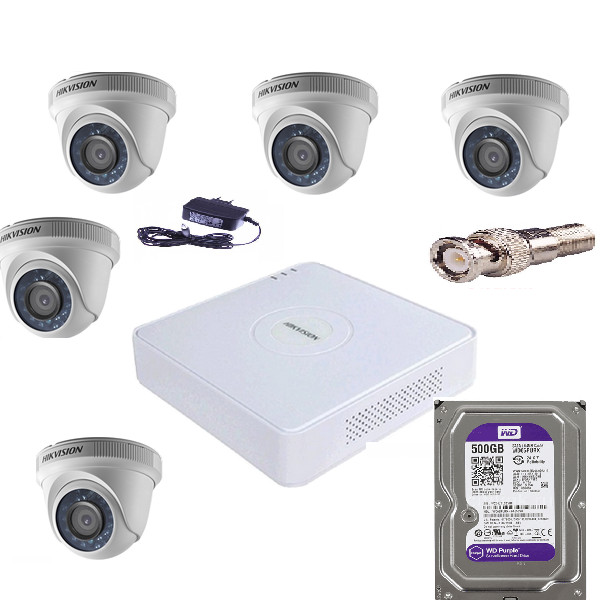 TRỌN BỘ 5 CAMERA HIKVISION DS-2CE56D0T-IR VÀ DS-7104HQHI-K1. HDD WD 500GB (Hàng chính hãng)