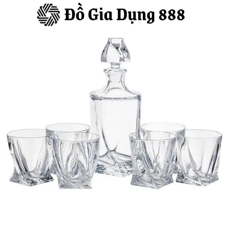 Bộ Bình Rượu Kèm 6 Cốc Pha Lê Bohemia Quadro, Bộ Bình Ly Uống Whisky, Rượu Mạnh, Nhập Đức