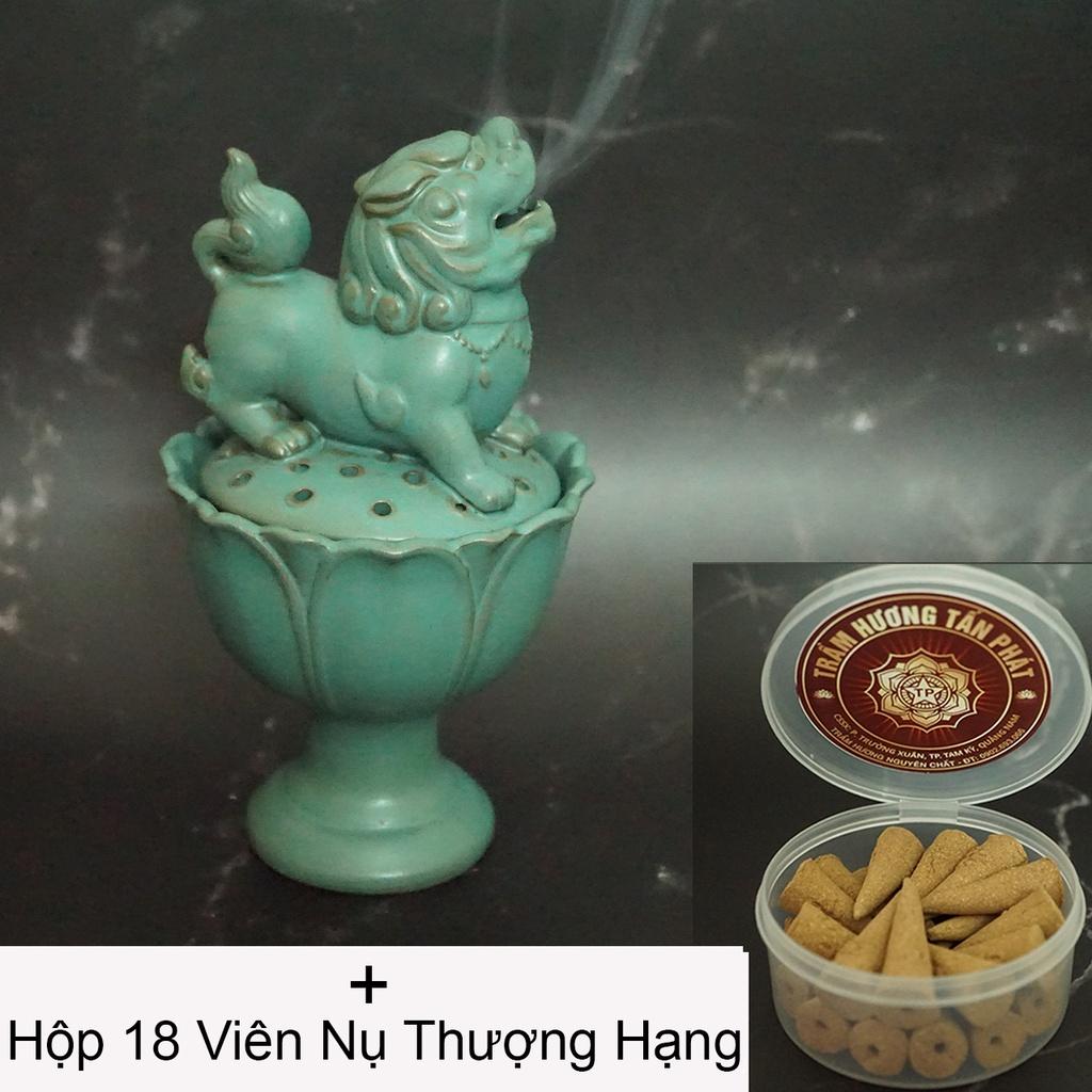 Đỉnh Sư Tử xông Trầm Hương nhả khói màu Xanh cực đẹp