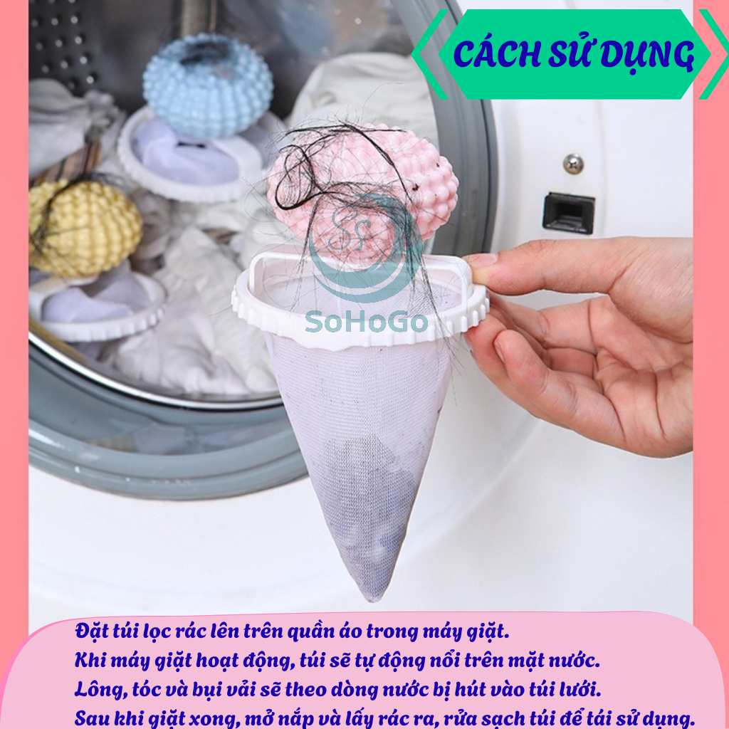 Bộ 2 Túi lọc rác máy giặt thông minh MẪU CẦU GAI -Bẫy lông thú &amp; tóc trong máy giặt -Lưới lọc rác nổi tự động