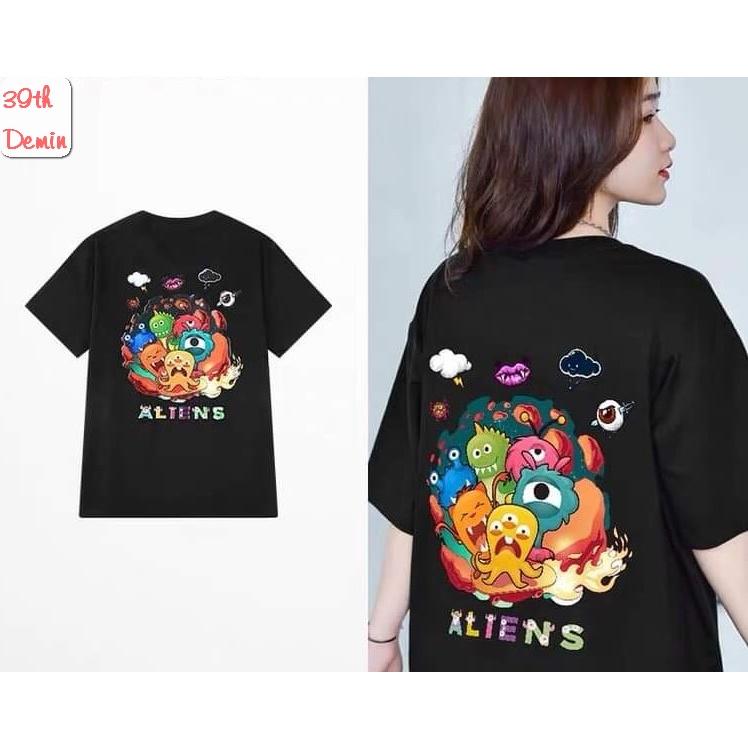 Áo thun tay lỡ NELLY COTTON dáng unisex NAM NỮ form châu á in hình Graffiti ALIENS phong cách Hàn Quốc