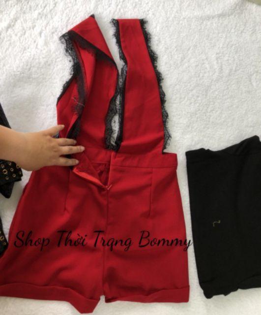 Sét yếm short đỏ phối ren 2 dây kèm áo thun đen tay con