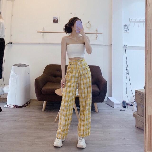 Mẫu quần caro ống rộng dáng dài siêu hot