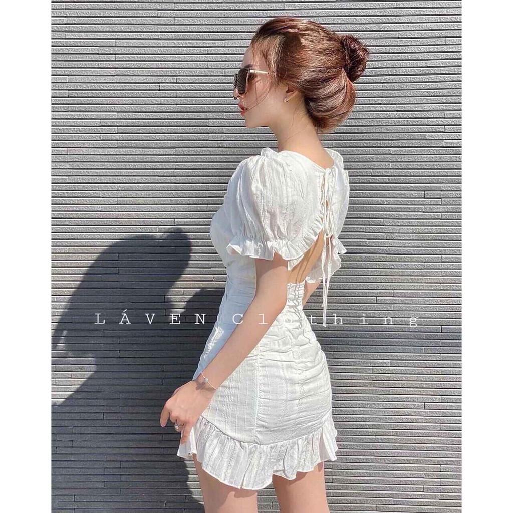 Đầm Body Nhún Eo Tay Phồng Chân Váy Bèo