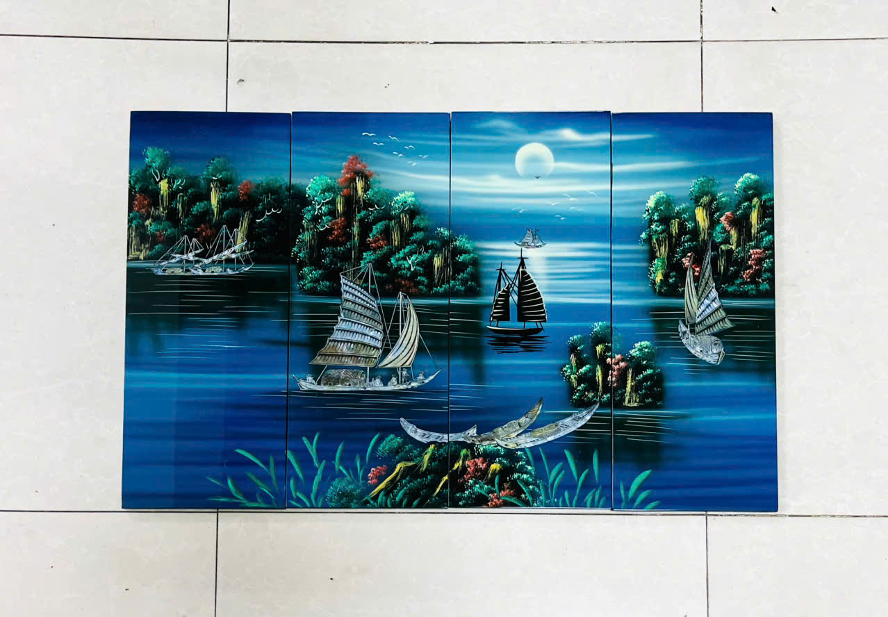 Bộ Tranh sơn mài 4 tấm- THUẬN BUỒM XUÔI GIÓ - Khảm cừ cao cấp size 50x80 cm - Ý Nghĩa Phong Thủy