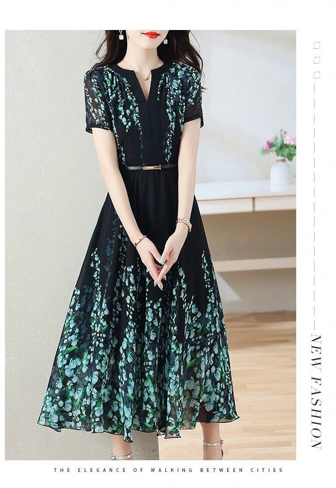 [HÀNG NHẬP] ĐẦM MAXI HOA CỔ V KÈM BEFT
