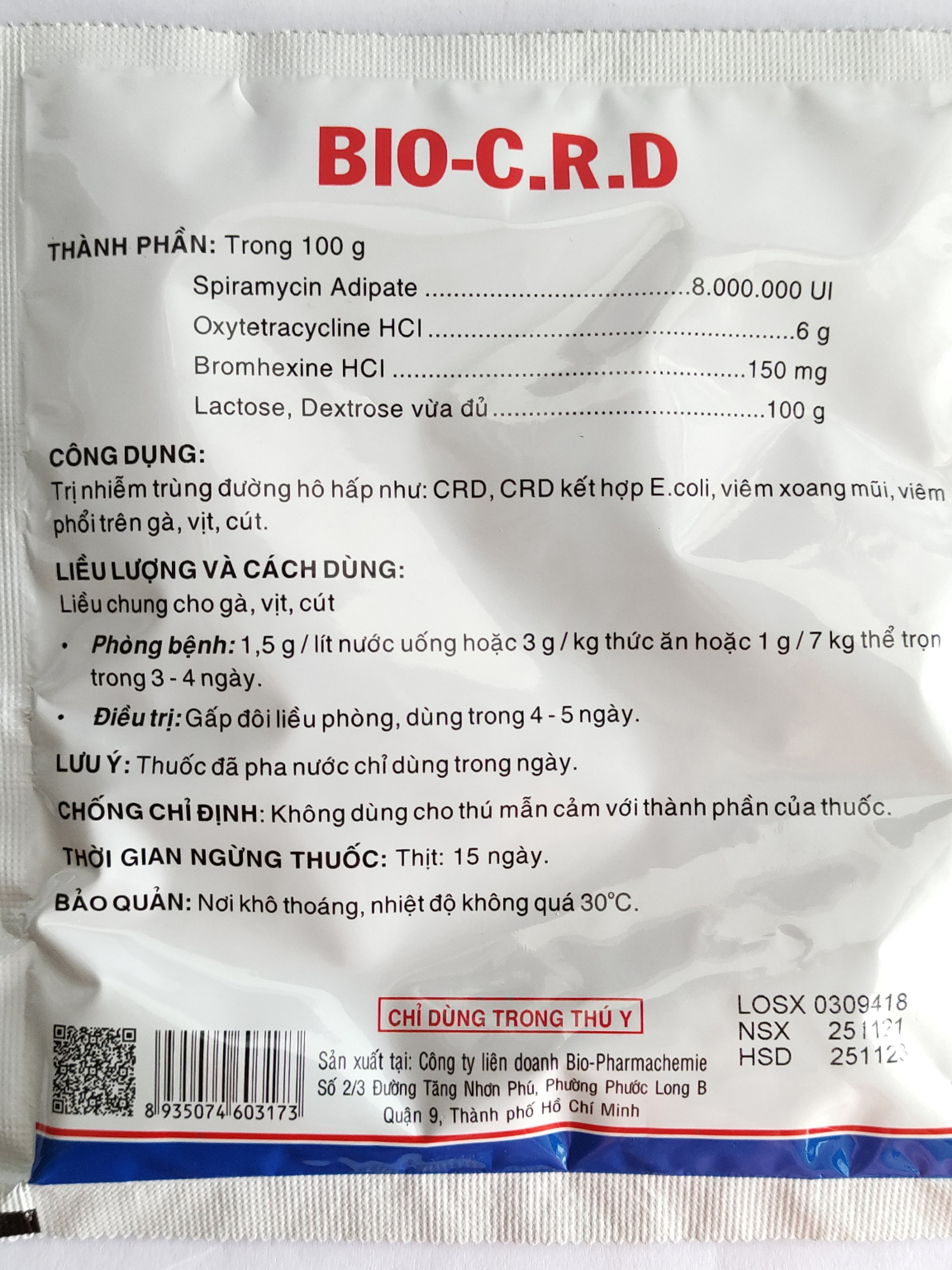 BIO C R D 100G Thuốc bột hoà tan hoặc trộn thức ăn đặc trị bệnh crd c.crd trên gà vịt
