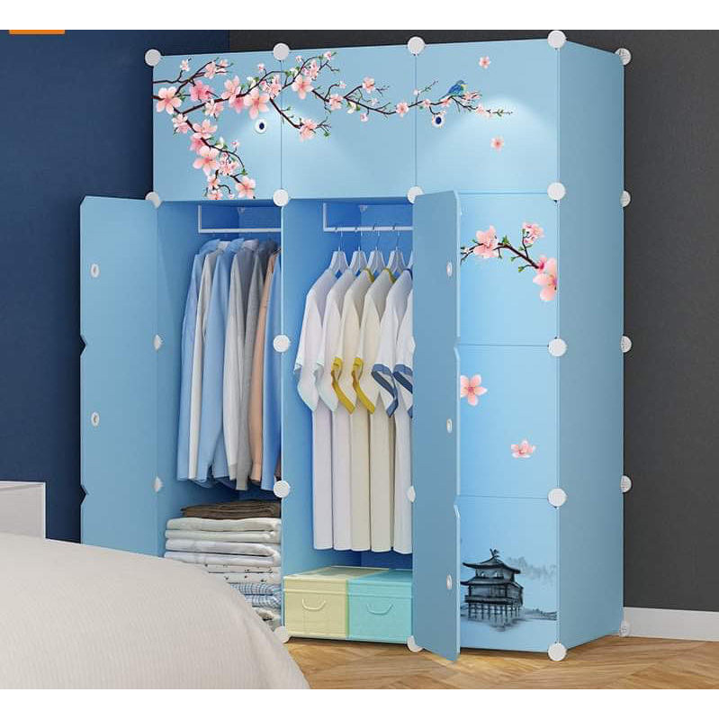 Tủ nhựa lắp ghép xanh decal hoa anh đào nhiều kích cỡ