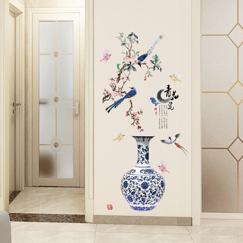 DECAL DÁN TƯỜNG CHIM CÔNG VÀ BÌNH HOA THỔ CẨM