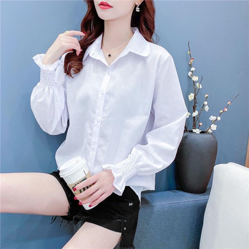 Áo Sơ Mi Nữ Form Rộng Kiểu Công Sở Dài Tay Phồng Bo Chun Dáng Dài Hàn Quốc Vải Lụa Màu Trắng Cổ Đức Vintage YURITA
