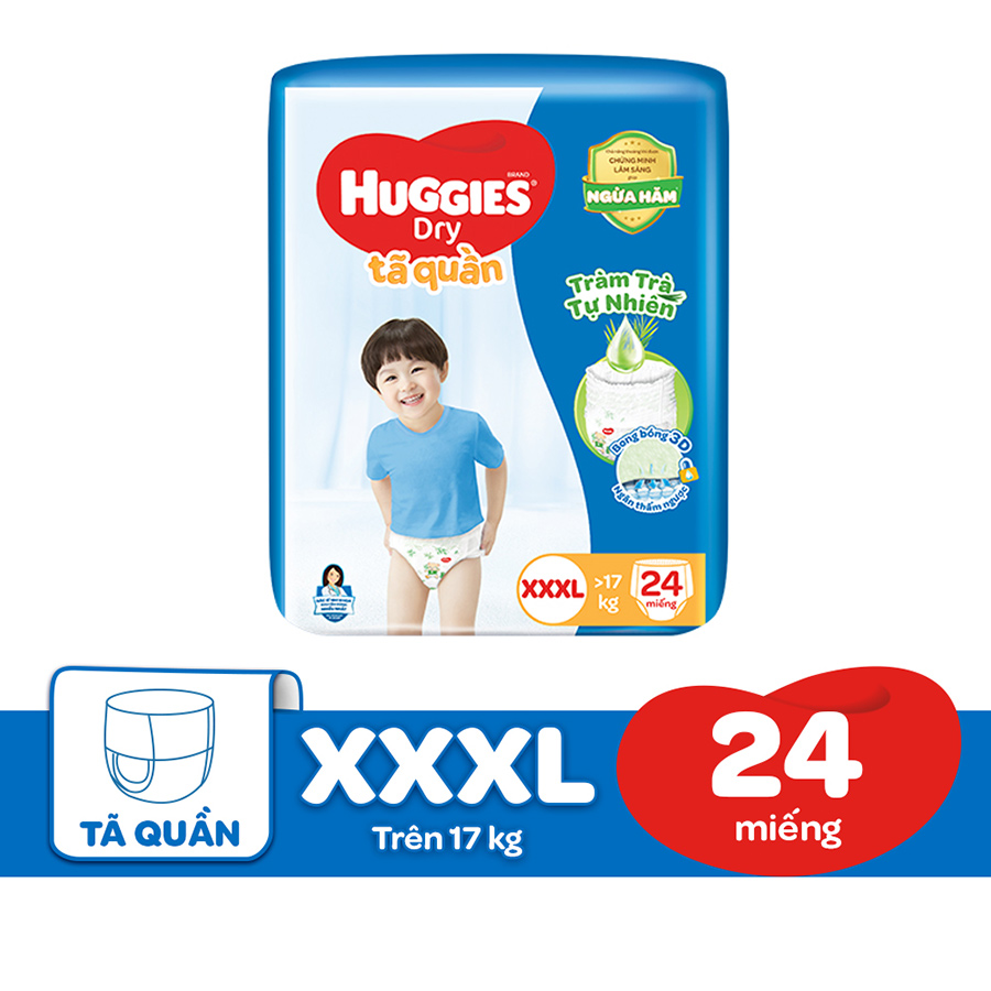 Tã quần Huggies Dry Tràm Trà Tự Nhiên XXXL24 (Trên 17Kg) - Tặng 6 miếng