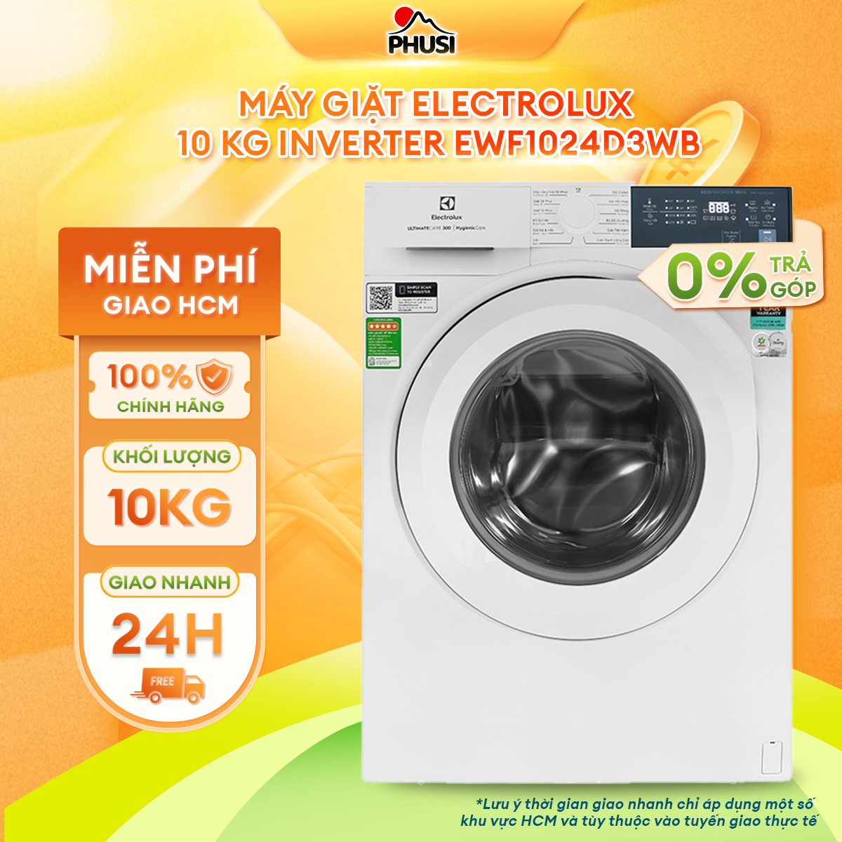 Máy giặt Electrolux Inverter 10kg EWF1024D3WB - Chỉ giao HCM