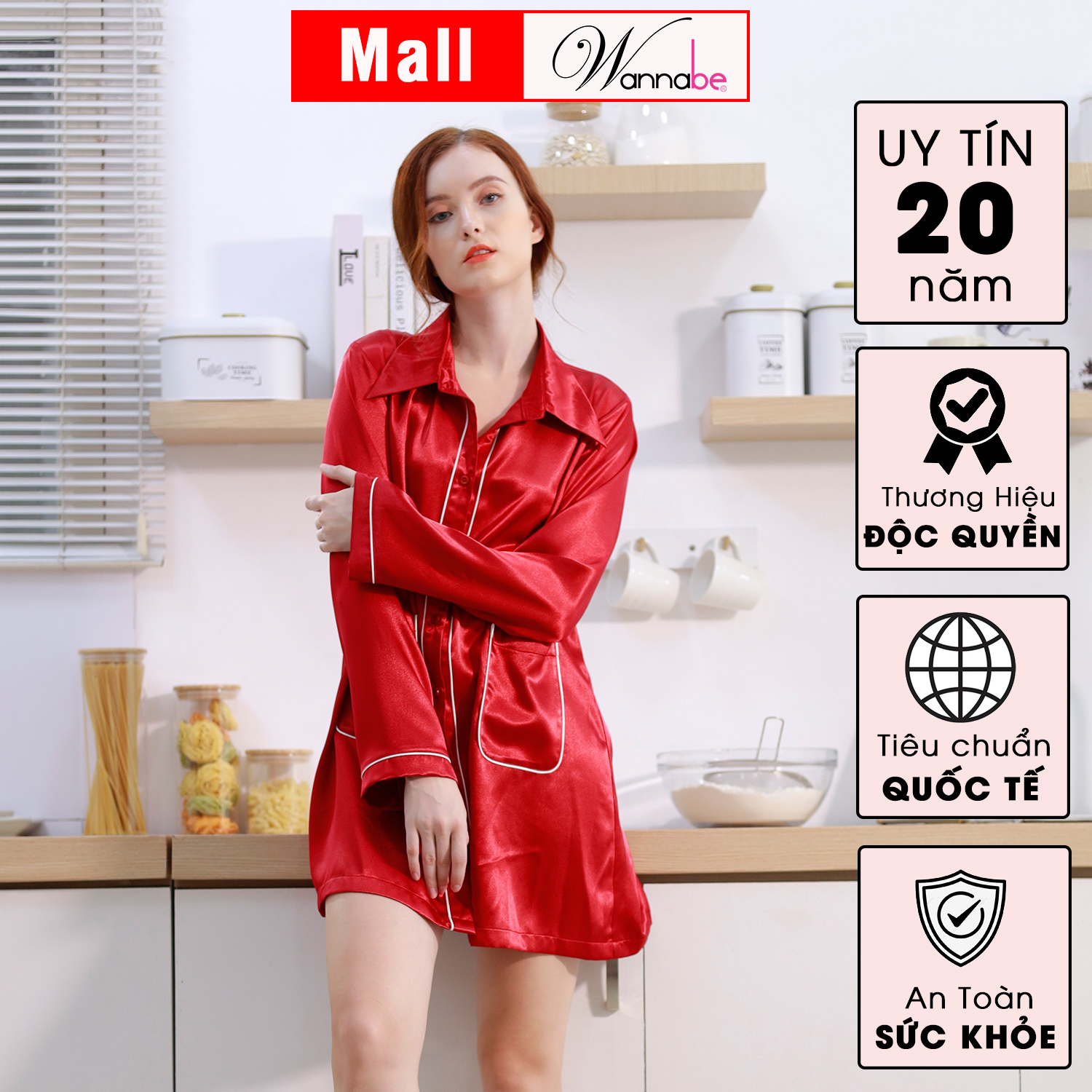 Đầm ngủ sơ mi lụa cao cấp WANNABE DNS44 váy ngủ kiểu dáng pijama rộng rãi thoải mái tay dài viền gân nổi có túi tiện lợi