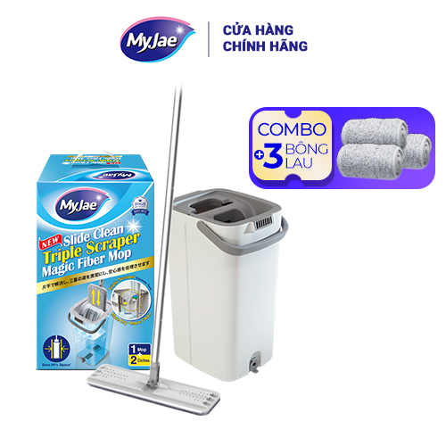 Combo 3 Bông Lau + 1 Bộ Lau Nhà MyJae Đài Loan Sợi Microfiber 2 Ngăn Tự Vắt Xoay 360 Độ Thông Minh 123cm